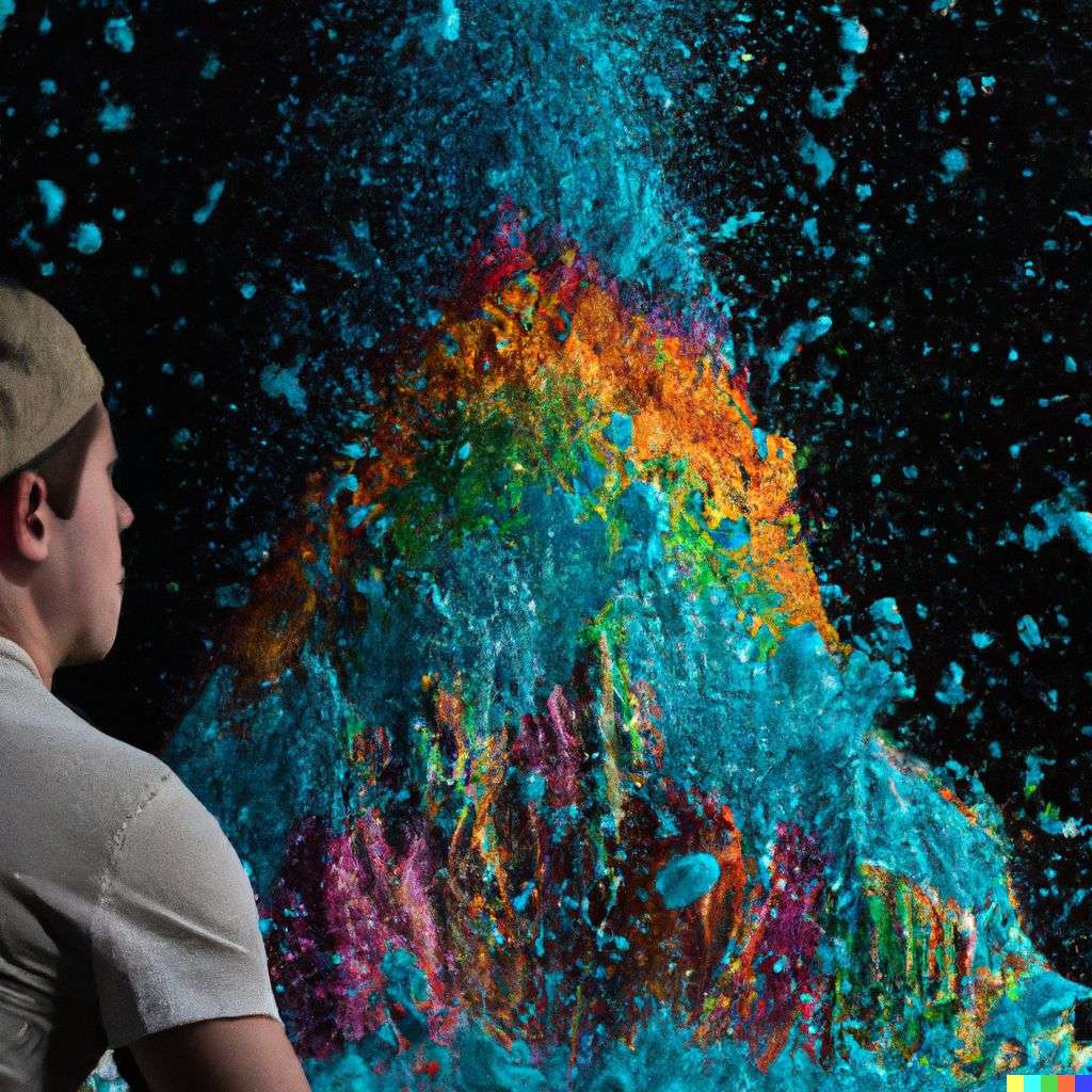 someone gazing at Mount Everest made from multicolored water splashes